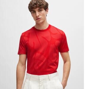 New BOSS Thompson 08 Tonal Tropical Monstera Leaf Print T-Shirt Men’s Red